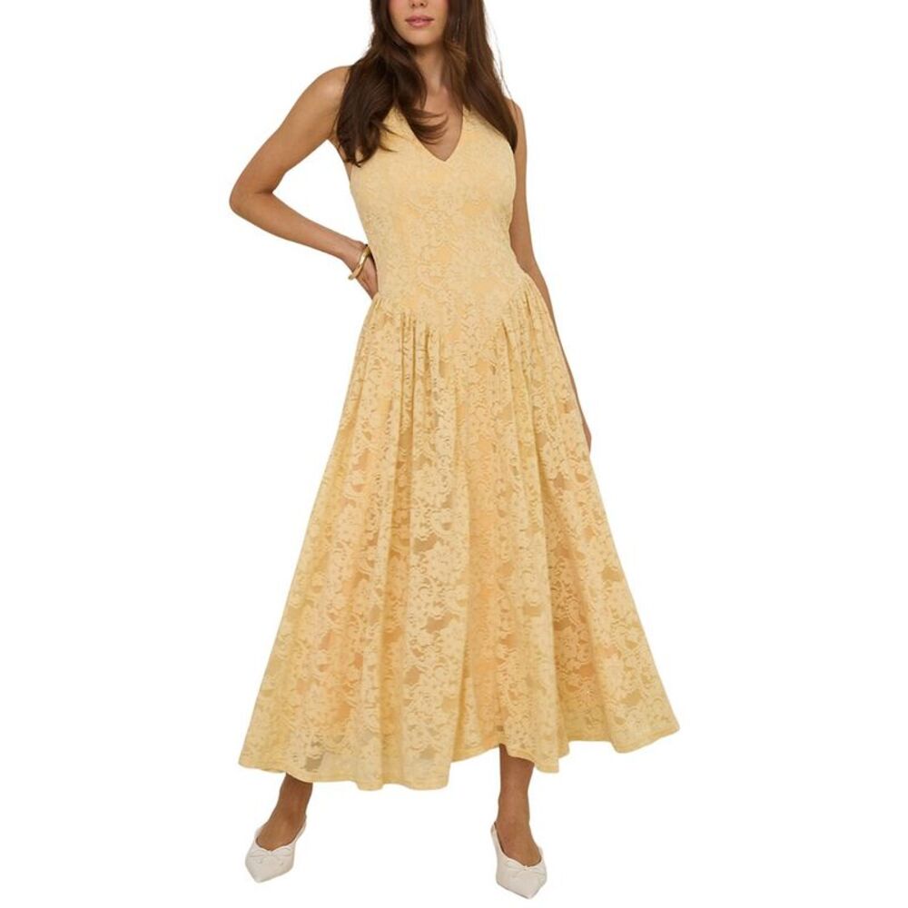 Extro&Vert Womens  Lace Halterneck Midi Dress, Yellow